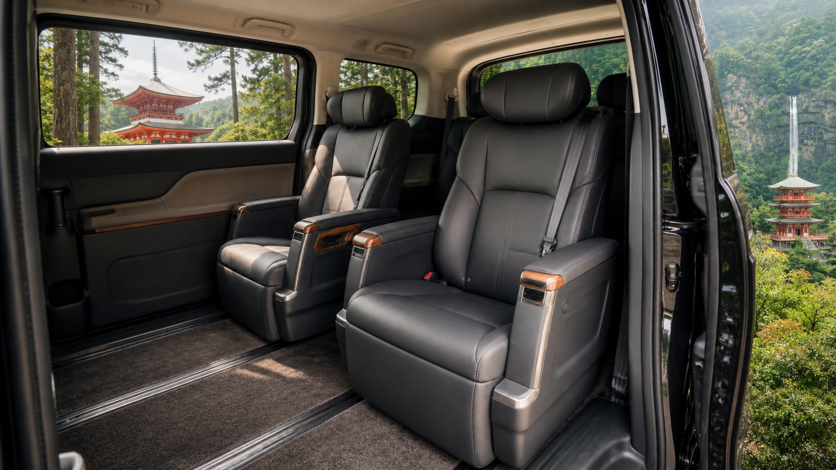 Editorial image of a premium private taxi cabin connecting the sacred landscapes of Koyasan and Kumano